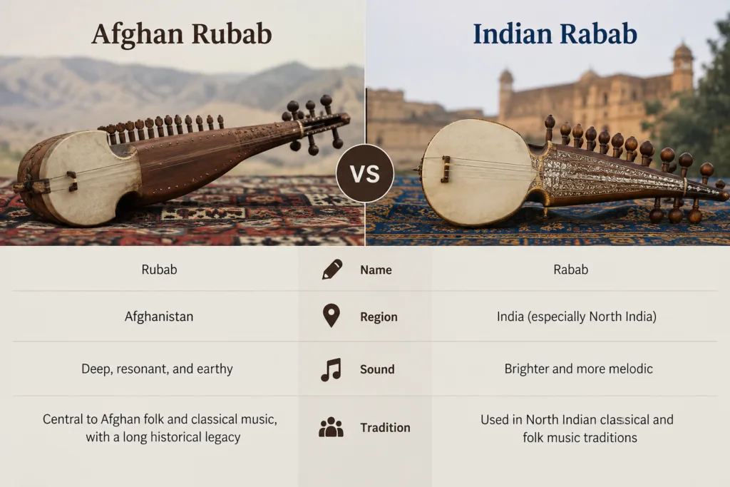 Afghan Rubab vs Indian Rabab comparison showcasing the difference in sound, region, design, and tradition of these traditional string instruments.