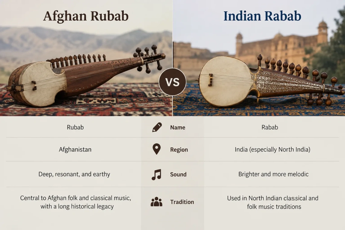 Afghan Rubab vs Indian Rabab comparison showcasing the difference in sound, region, design, and tradition of these traditional string instruments.