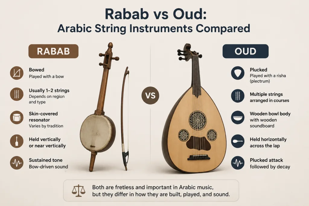 Rabab vs oud: a comparison of Arabic string instruments showcasing their unique shapes and traditional designs.