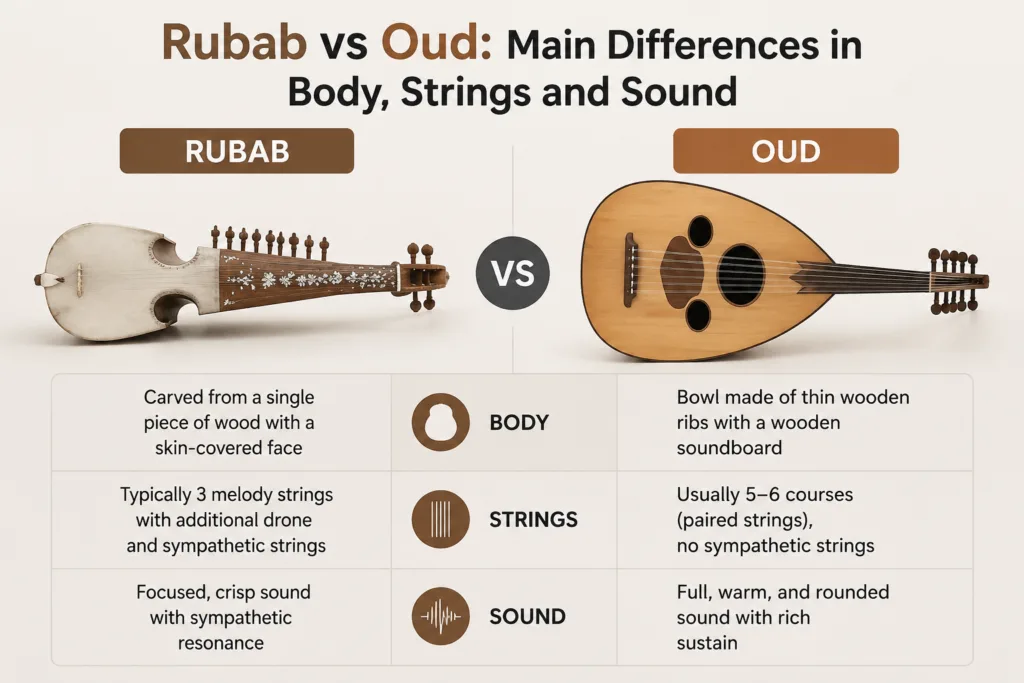 Rubab vs oud showcases the main differences in body shape, strings, and sound, highlighting unique features of these traditional stringed instruments.