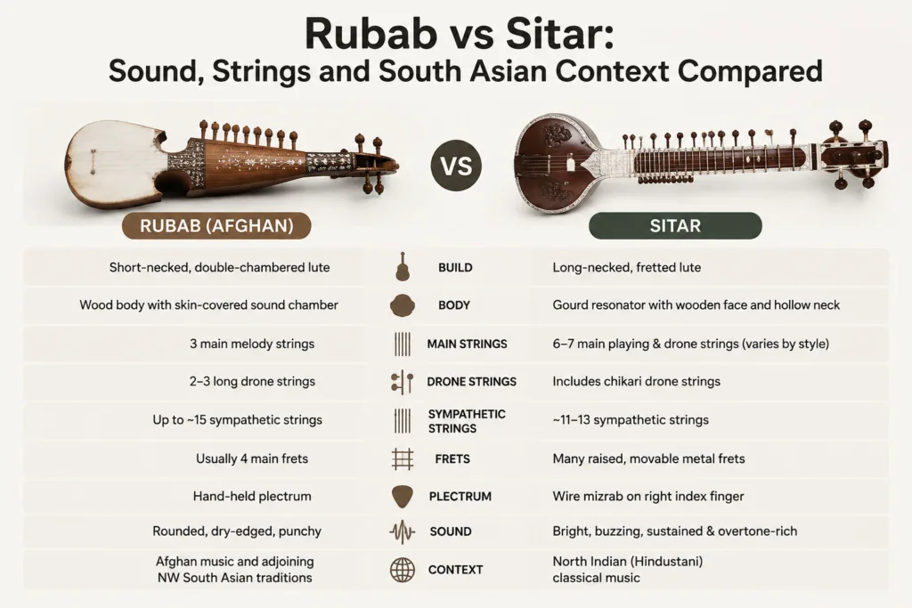 A comparison chart of the rubab vs sitar, showcasing differences in sound, strings, and cultural context within South Asian music traditions.
