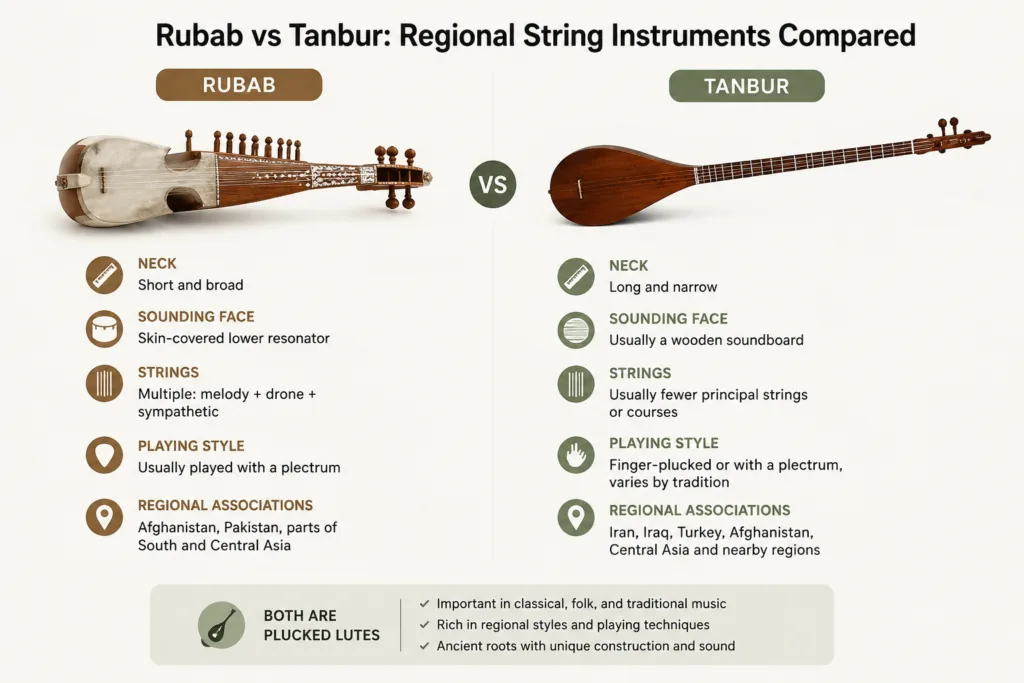 A comparison of the rubab and tanbur, showcasing their differences and similarities as traditional regional string instruments used in Middle Eastern and Centra…