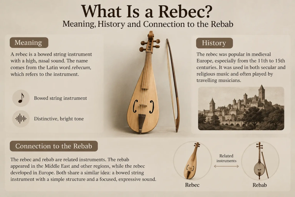 A traditional rebec instrument used in medieval music, showcasing its distinct tear-drop shape and historical connection to the rebab.