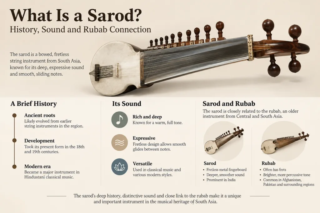 A detailed image explaining the similarities between the rubab and the sarod, showcasing their historical connection and unique sound qualities.